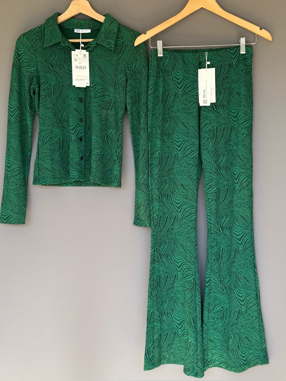 Zara Women's Green Zebra Print Collared Shirt Flared Pants Set Concert S NEW